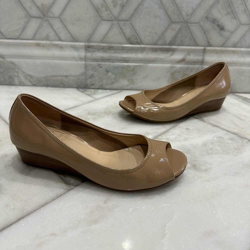 Size 8.5 Cole Haan Nike Air Tali Tan / Beige Peep Toe Wedge Heels